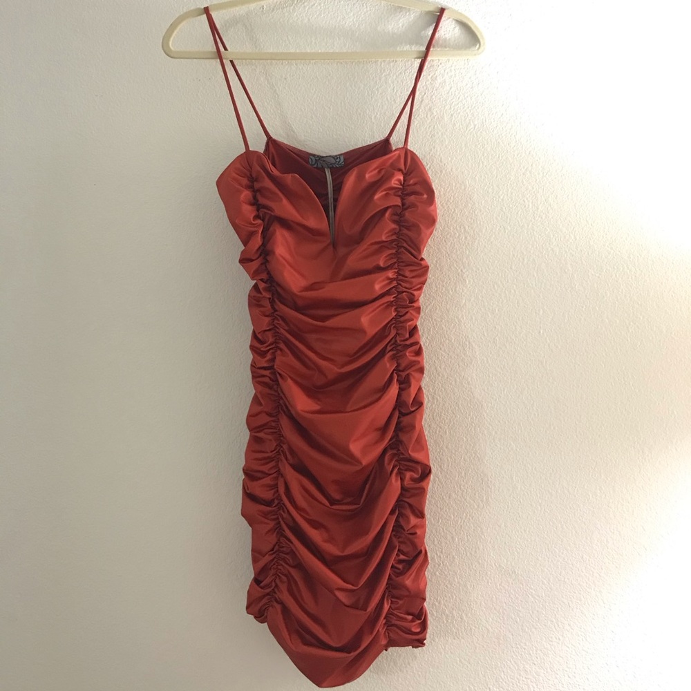 HOTTIE Satin Ruched V-plunge neck mini dress